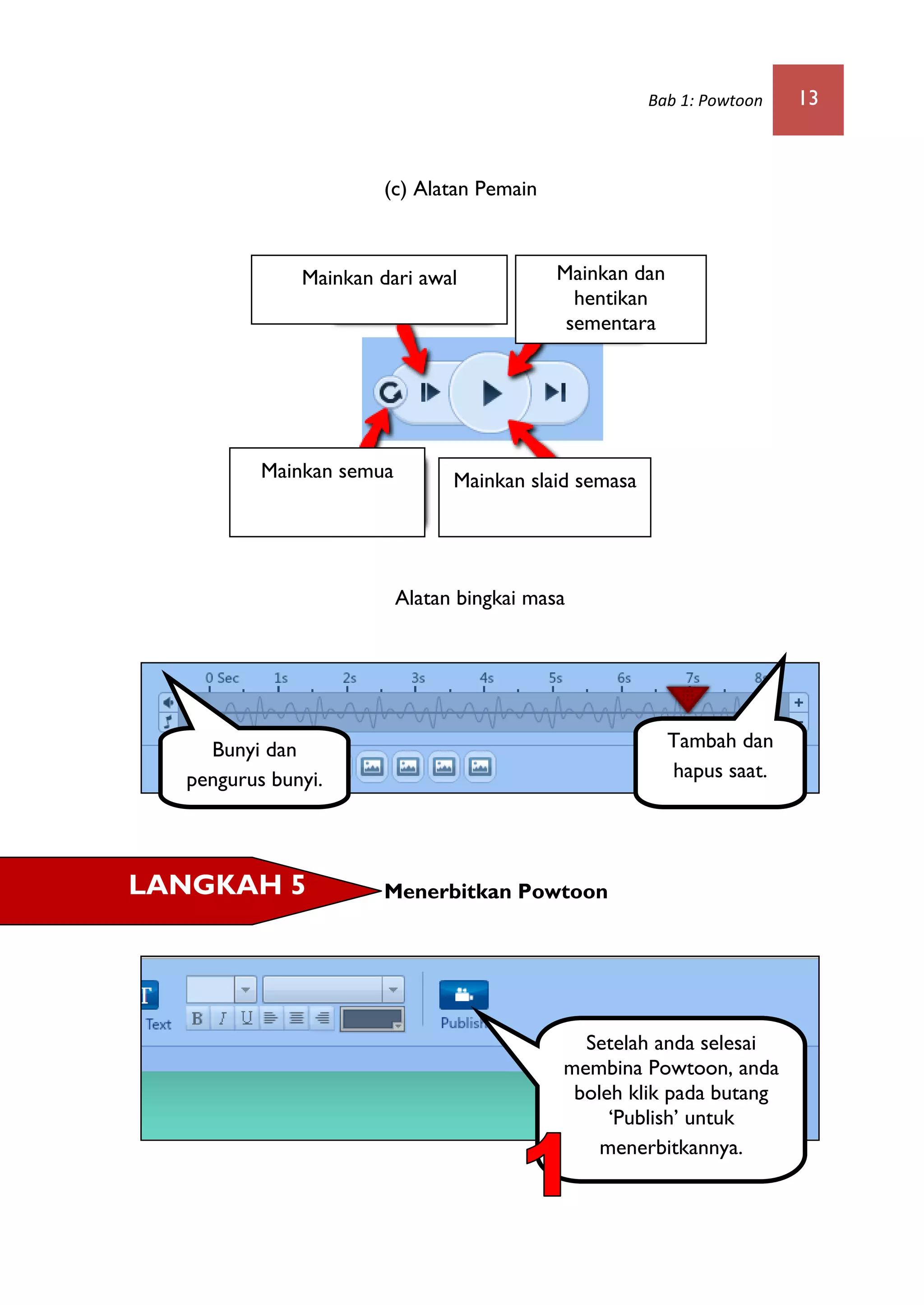 Bab 1: Powtoon 13
(c) Alatan Pemain
Alatan bingkai masa
Menerbitkan Powtoon
Tambah dan
hapus saat.
Bunyi dan
pengurus bunyi.
LANGKAH 5
Setelah anda selesai
membina Powtoon, anda
boleh klik pada butang
‘Publish’ untuk
menerbitkannya.
Mainkan dari awal
Mainkan semua Mainkan slaid semasa
Mainkan dan
hentikan
sementara
 
