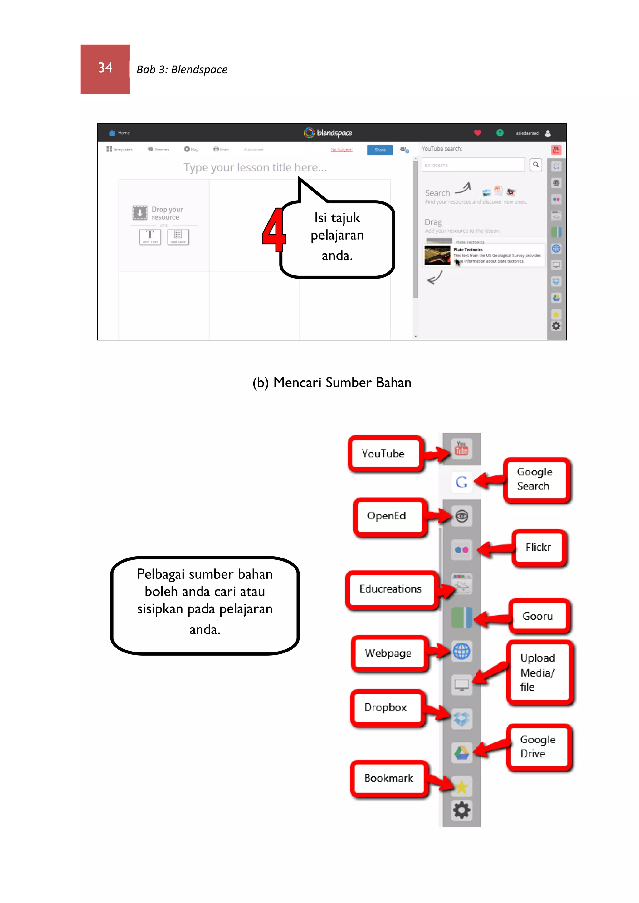 34 Bab 3: Blendspace
(b) Mencari Sumber Bahan
Isi tajuk
pelajaran
anda.
Pelbagai sumber bahan
boleh anda cari atau
sisipkan pada pelajaran
anda.
 