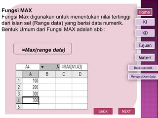 Fungsi MAX
Fungsi Max digunakan untuk menentukan nilai tertinggi
dari isian sel (Range data) yang berisi data numerik.
Bentuk Umum dari Fungsi MAX adalah sbb :
=Max(range data)
BACK NEXT
Home
Mengurutkan data
KI
KD
Tujuan
Materi
Data statistik
 