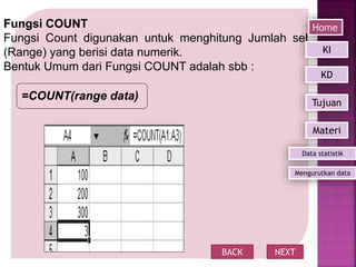 Fungsi COUNT
Fungsi Count digunakan untuk menghitung Jumlah sel
(Range) yang berisi data numerik.
Bentuk Umum dari Fungsi COUNT adalah sbb :
=COUNT(range data)
BACK NEXT
Home
Mengurutkan data
KI
KD
Tujuan
Materi
Data statistik
 