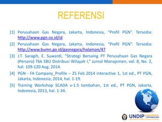 REFERENSI
[1] Perusahaan Gas Negara, Jakarta, Indonesia, “Profil PGN”. Tersedia:
http://www.pgn.co.id/id
[2] Perusahaan Gas Negara, Jakarta, Indonesia, “Profil PGN”. Tersedia:
http://www.bumn.go.id/gasnegara/halaman/47
[3] J.T. Saragih, E. Suwardi, “Strategi Bersaing PT Perusahaan Gas Negara
(Persero) Tbk SBU Distribusi Wilayah I,” Jurnal Manajemen, vol. 8, No. 2,
hal. 109-120 Aug. 2014.
[4] PGN - FA Company_Profile – 25 Feb 2014 interactive 1, 1st ed., PT PGN,
Jakarta, Indonesia, 2014, hal. 1-19.
[5] Training Workshop SCADA v-1.5 tambahan, 1st ed., PT PGN, Jakarta,
Indonesia, 2013, hal. 1-34.
 