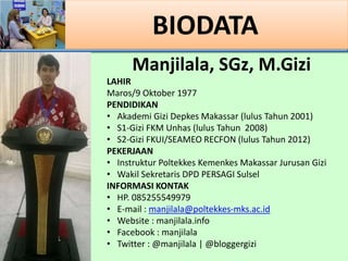 BIODATA
Manjilala, SGz, M.Gizi
LAHIR
Maros/9 Oktober 1977
PENDIDIKAN
? Akademi Gizi Depkes Makassar (lulus Tahun 2001)
? S1-Gizi FKM Unhas (lulus Tahun 2008)
? S2-Gizi FKUI/SEAMEO RECFON (lulus Tahun 2012)
PEKERJAAN
? Instruktur Poltekkes Kemenkes Makassar Jurusan Gizi
? Wakil Sekretaris DPD PERSAGI Sulsel
INFORMASI KONTAK
? HP. 085255549979
? E-mail : manjilala@poltekkes-mks.ac.id
? Website : manjilala.info
? Facebook : manjilala
? Twitter : @manjilala | @bloggergizi
 