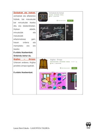 Laiotz Herri Eskola – LAGUNTZA TALDEA-
Zenbakiak eta hizkiak:
zenbakiak eta alfabetoko
hizkiak, bai maiuskulak
bai minuskulak ikasiko
ditu era desberdinetan.
Hizkien aldetik,
minuskulak eta
maiuskulak
erlazionatzeaz gain,
hauen ordena eta
marrazteko era ere
ikasiko
8 urteko ikasleentzat.
Ordaindu behar da.
Argitxo – Arropa:
Urtaroen arabera, Argitxo
janzteko arropa egokiak.
8 urteko ikasleentzat.
 