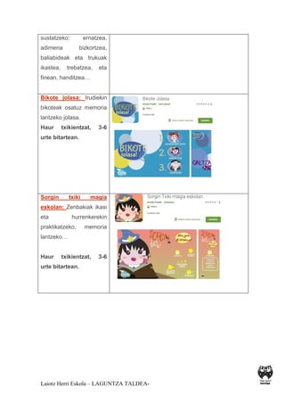 Laiotz Herri Eskola – LAGUNTZA TALDEA-
sustatzeko: ernatzea,
adimena bizkortzea,
baliabideak eta trukuak
ikastea, trebatzea, eta
finean, handitzea…
Bikote jolasa: Irudiekin
bikoteak osatuz memoria
lantzeko jolasa.
Haur txikientzat, 3-6
urte bitartean.
Sorgin txiki magia
eskolan: Zenbakiak ikasi
eta hurrenkerekin
praktikatzeko, memoria
lantzeko…
Haur txikientzat, 3-6
urte bitartean.
 