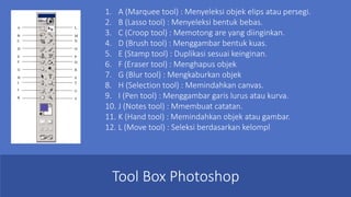 Tool Box Photoshop
1. A (Marquee tool) : Menyeleksi objek elips atau persegi.
2. B (Lasso tool) : Menyeleksi bentuk bebas.
3. C (Croop tool) : Memotong are yang diinginkan.
4. D (Brush tool) : Menggambar bentuk kuas.
5. E (Stamp tool) : Duplikasi sesuai keinginan.
6. F (Eraser tool) : Menghapus objek
7. G (Blur tool) : Mengkaburkan objek
8. H (Selection tool) : Memindahkan canvas.
9. I (Pen tool) : Menggambar garis lurus atau kurva.
10. J (Notes tool) : Mmembuat catatan.
11. K (Hand tool) : Memindahkan objek atau gambar.
12. L (Move tool) : Seleksi berdasarkan kelompl
 