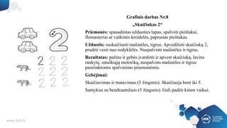 Grafinis darbas Nr.8
„Skaičiukas 2“
Priemonės: spausdintas užduoties lapas, spalvoti pieštukai,
flomasteriai ar vaškinės kreidelės, paprastas pieštukas.
Užduotis: suskaičiuoti mašinėles, tigrus. Apvedžioti skaičiuką 2,
pradėti vesti nuo rodyklėlės. Nuspalvinti mašinėles ir tigrus.
Rezultatas: pažins ir gebės įvardinti ir apvest skaičiuką, lavins
rankytę, smulkiąją motoriką, nuspalvins mašinėles ir tigrus
pasirinktomis spalvinimo priemonėmis.
Gebėjimai:
Skaičiavimas ir matavimas (5 žingsnis). Skaičiuoja bent iki 5.
Santykiai su bendraamžiais (5 žingsnis). Gali padėti kitam vaikui.
 