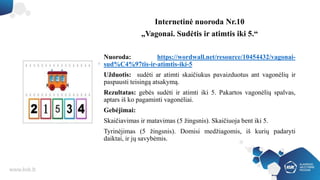 Internetinė nuoroda Nr.10
„Vagonai. Sudėtis ir atimtis iki 5.“
Nuoroda: https://wordwall.net/resource/10454432/vagonai-
sud%C4%97tis-ir-atimtis-iki-5
Užduotis: sudėti ar atimti skaičiukus pavaizduotus ant vagonėlių ir
paspausti teisingą atsakymą.
Rezultatas: gebės sudėti ir atimti iki 5. Pakartos vagonėlių spalvas,
aptars iš ko pagaminti vagonėliai.
Gebėjimai:
Skaičiavimas ir matavimas (5 žingsnis). Skaičiuoja bent iki 5.
Tyrinėjimas (5 žingsnis). Domisi medžiagomis, iš kurių padaryti
daiktai, ir jų savybėmis.
 