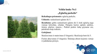 Veikla lauke Nr.1
„Eglučių parkelis“
Reikalingos priemonės: eglučių parkelis.
Užduotis: suskaičiuoti eglutes iki 5.
Rezultatas: gebės suskaičiuoti eglutes iki 5, kiek eglučių auga
vienoje krūvelėje, eilutėje. Palygins kurios eglutės aukštos,
žemos, plačios, siauros... Puikiai praleis laiką gryname ore,
pašokinės kaip zuikutis.
Gebėjimai:
Skaičiavimas ir matavimas (5 žingsnis). Skaičiuoja bent iki 5.
Fizinis aktyvumas (5 žingsnis). Šokinėja abiem kojomis vietoje
ir judėdamas pirmyn.
 