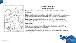 Grafinis darbas Nr.2
“Nuspalvink šuniuką“
Priemonės: atspausdintas paveikslėlis, flomasteriai, pieštukai ar
kreidelės.
Užduotis: flomasteriu, pieštuku ar kreidele baigti piešti šuniuko būdos
stogą, sujungiant skaičiukus nuo 1iki 5 ir nuspalvinti paveikslėlį.
Rezultatas: įtvirtins skaičių seką nuo 1iki 5. Lavins smulkiąją
motoriką spalvindamas, ugdys kūrybiškumą pasirinkdamas spalvas.
Gebėjimai:
Skaičiavimas ir matavimas (5 žingsnis). Skaičiuoja bent iki 5. Jei
reikia kreipiasi pagalbos į suaugusįjį.
Meninė raiška (5 žingsnis). Išryškina vaizduojamų objektų bruožus,
reikšmingas detales.
 