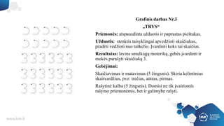 Grafinis darbas Nr.3
„TRYS“
Priemonės: atspausdinta užduotis ir paprastas pieštukas.
Užduotis: stenktis taisyklingai apvedžioti skaičiukus,
pradėti vedžioti nuo taškelio. Įvardinti koks tai skaičius.
Rezultatas: lavins smulkiąją motoriką, gebės įvardinti ir
mokės parašyti skaičiuką 3.
Gebėjimai:
Skaičiavimas ir matavimas (5 žingsnis). Skiria kelintinius
skaitvardžius, pvz: trečias, antras, pirmas.
Rašytinė kalba (5 žingsnis). Domisi ne tik įvairiomis
rašymo priemonėmis, bet ir galimybe rašyti.
 