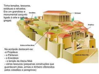 Na acrópole destacam-se:
-o Propileus
- o Pártenon
- o Erectéion
- o templo de Atena Niké
- vários tesouros (pequenas construções que
guardavam jóias, armas e dinheiro oferecidos
pelos cidadãos e peregrinos)
Tinha templos, tesouros,
estátuas e relvados;
Era um grandioso e
monumental conjunto
ligado à arte e cultura
gregas
 