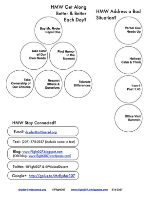 dryder@mtbluersd.org @Flight307 www.ﬂight307.wikispaces.com 578-0357!
HMW Get Along
Better & Better
Each Day?
Respect
Others &
Ourselves
Tolerate
Differences
Take
Ownership of
Our Choices
Find Humor
in the
Moment
Take Care
of Our
Own Needs
Buy Mr. Ryder
Pepsi One
Verbal Cue
Heads Up
Hallway
Calm & Think
1-on-1
Post 1:45
Ofﬁce Visit
Bummer.
HMW Address a Bad
Situation?
Google+: http://gplus.to/MrRyder307
Twitter: @Flight307 & @WickedDecent
Blog: www.Flight307.blogspot.com
(Old blog: www.ﬂight307.wordpress.com)
Text: (207) 578-0357 (include name in text)
E-mail: dryder@mtbluersd.org
HMW Stay Connected?
 