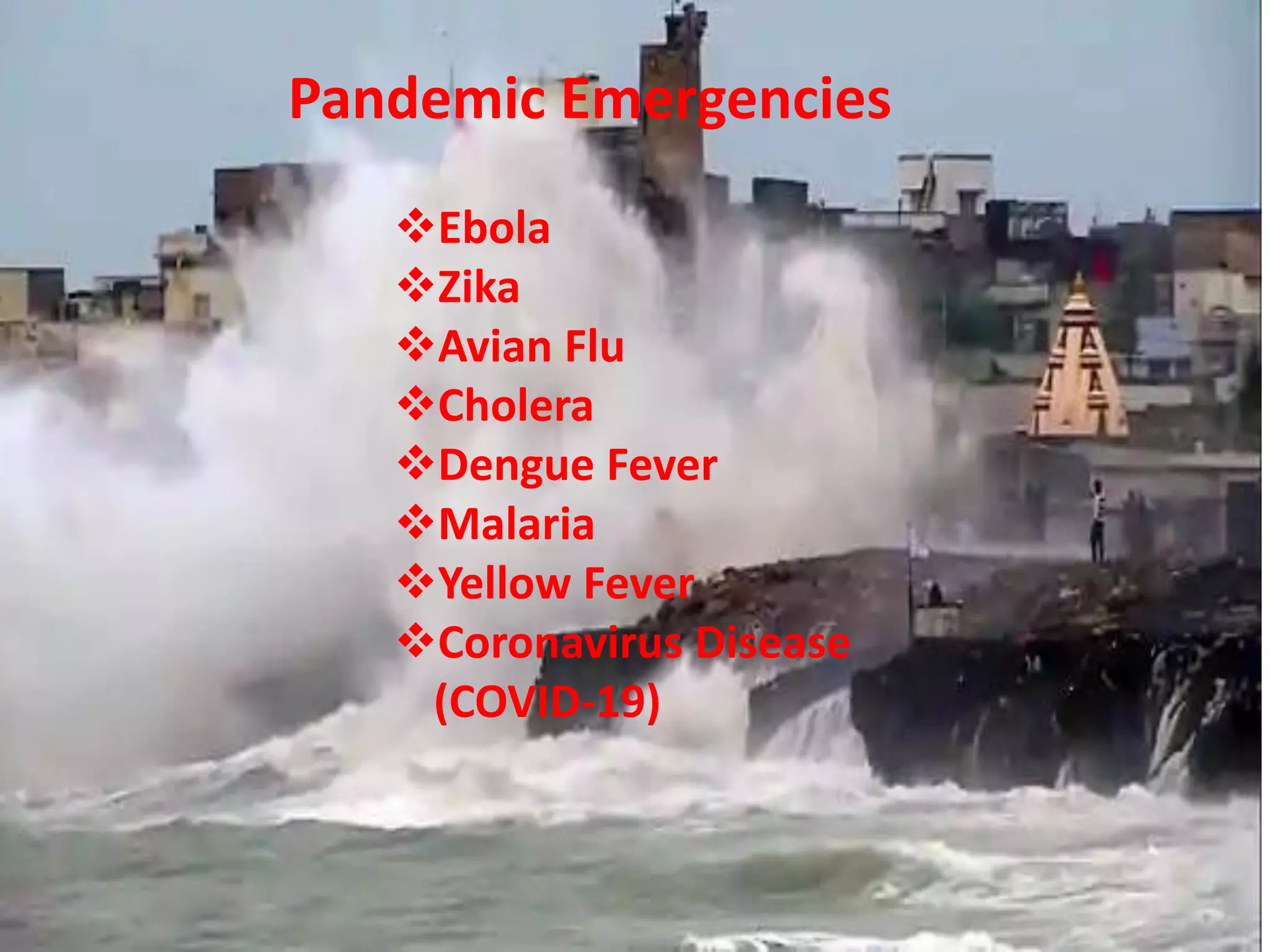 Pandemic Emergencies
Ebola
Zika
Avian Flu
Cholera
Dengue Fever
Malaria
Yellow Fever
Coronavirus Disease
(COVID-19)
 