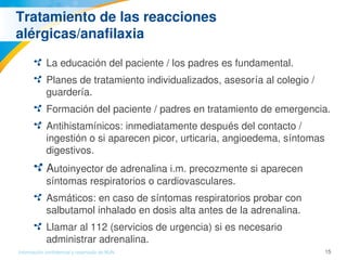 15Información confidencial y reservada de MJN
Tratamiento de las reacciones 
alérgicas/anafilaxia
La educación del paciente / los padres es fundamental.
Planes de tratamiento individualizados, asesoría al colegio / 
guardería.
Formación del paciente / padres en tratamiento de emergencia.
Antihistamínicos: inmediatamente después del contacto / 
ingestión o si aparecen picor, urticaria, angioedema, síntomas 
digestivos.
Autoinyector de adrenalina i.m. precozmente si aparecen 
síntomas respiratorios o cardiovasculares. 
Asmáticos: en caso de síntomas respiratorios probar con 
salbutamol inhalado en dosis alta antes de la adrenalina.
Llamar al 112 (servicios de urgencia) si es necesario 
administrar adrenalina.
 