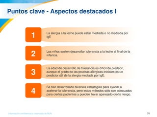 35Información confidencial y reservada de MJN
Puntos clave ­ Aspectos destacados I
La alergia a la leche puede estar mediada o no mediada por 
IgE
Los niños suelen desarrollar tolerancia a la leche al final de la 
infancia.
1
La edad de desarrollo de tolerancia es difícil de predecir, 
aunque el grado de las pruebas alérgicas iniciales es un 
predictor útil de la alergia mediada por IgE.
2
3
Se han desarrollado diversas estrategias para ayudar a 
acelerar la tolerancia, pero estos métodos sólo son adecuados 
para ciertos pacientes y pueden llevar aparejado cierto riesgo.
4
 