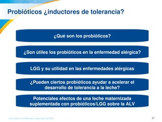 37Información confidencial y reservada de MJN
Probióticos ¿inductores de tolerancia?
¿Qué son los probióticos?
¿Son útiles los probióticos en la enfermedad alérgica?
LGG y su utilidad en las enfermedades alérgicas
¿Pueden ciertos probióticos ayudar a acelerar el 
desarrollo de tolerancia a la leche?
Potenciales efectos de una leche maternizada 
suplementada con probióticos/LGG sobre la ALV
 