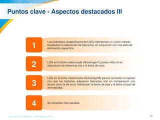 77Información confidencial y reservada de MJN
Puntos clave ­ Aspectos destacados III 
Los probióticos (específicamente LGG) representan un nuevo método 
terapéutico la adquisición de tolerancia, en conjunción con una dieta de 
eliminación específica.
LGG en la leche maternizada (Nutramigen®
) parece influir en la 
adquisición de tolerancia oral a la leche de vaca.
1
LGG en la leche maternizada (Nutramigen®) parece aumentar la rapidez 
con  que  los  lactantes  adquieren  tolerancia  oral  en  comparación  con 
leches como la de arroz hidrolizado, la leche de soja y la leche a base de 
aminoácidos.
2
3
Se necesitan más estudios.
4
 