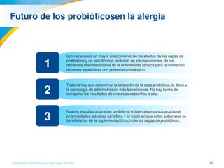 80Información confidencial y reservada de MJN
Futuro de los probióticosen la alergia
Son necesarios un mayor conocimiento de los efectos de las cepas de 
probióticos y un estudio más profundo de los mecanismos de las 
diferentes manifestaciones de la enfermedad atópica para la validación 
de cepas específicas con potencial antialérgico.
Todavía hay que determinar la selección de la cepa probiótica, la dosis y 
la cronología de administración más beneficiosas. No hay forma de 
extrapolar los resultados de una cepa específica a otra.
1
Nuevos estudios aclararían también si existen algunos subgrupos de 
enfermedades alérgicas sensibles y el modo en que estos subgrupos se 
beneficiarían de la suplementación con ciertas cepas de probióticos.
2
3
 