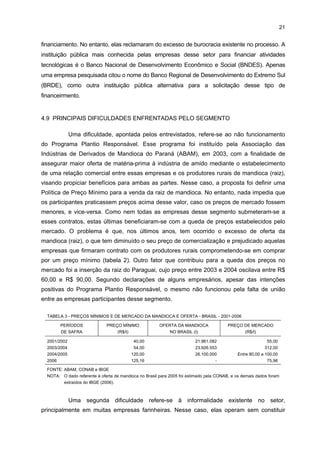 20

No tocante às preocupações com qualidade na indústria da mandioca, têm-se as
realizações de testes físico-químicos e microbiológicos para eliminar problemas de
contaminação nos produtos comercializados, principalmente naqueles destinados ao consumo
humano e animal. Nesse caso, as fecularias realizam freqüentemente esses testes, sendo feito
diariamente o físico-químico e mensalmente o microbiológico. Já no caso das farinheiras, por
elas possuírem maiores limitações financeiras para a realização periódica desses testes,
geralmente eles são realizados pelos próprios clientes. Dentre algumas instituições que os
realizam, têm-se a Empresa Paranaense de Classificação de Produtos (CLASPAR), de Maringá
(teste microbiológico); e dois laboratórios privados localizados em Curitiba (LIMNOBRAS) e
Blumenau para teste microbiológico e microscópico.
Por outro lado, grande parte das empresas pesquisadas utiliza algum
procedimento para segurança e qualidade do ambiente de trabalho. Dentre os citados, têmse: mapeamento de áreas de riscos, Equipamentos de Proteção Individual (EPIs),
programas de ergonomia, climatização e iluminação.
Quanto à questão ambiental, esse setor produz resíduos líquidos (a manipueira)
altamente tóxicos, requerendo um tratamento especial. No caso das fecularias, elas não
possuem problemas quanto ao tratamento desse resíduo industrial antes de despejá-lo na
natureza. Elas o tratam em lagoas de decantação. O mesmo não ocorre com as farinherias,
principalmente as mais antigas, que ainda apresentam dificuldades para fazer o tratamento
desse resíduo. Já as farinheiras mais modernas, normalmente utilizam a manipueira para
irrigar o terreno próximo às suas instalações industriais, uma vez que ela é rica em cianeto e
ferro. Ainda, uma empresa citou o aproveitamento de seus resíduos sólidos para a
fabricação de ração animal.

4.8 FORMAS DE FINANCIAMENTO
Muitas empresas receberam da prefeitura, quando de sua instalação, a prestação
de serviços de terraplanagem do terreno em que foi construída, bem como a construção de
poços artesianos. Outra forma de benefício foi a isenção de taxas municipais, pelo período
de um a cinco anos, e de alvarás. Algumas dessas empresas também receberam o terreno
para a construção de suas fábricas, e outras, em menor número, receberam água e
telefone.
Por outro lado, o modo mais comum de financiar a expansão e/ou a modernização da
capacidade produtiva é por meio do capital próprio da empresa. No entanto, algumas delas
recorreram a empréstimos bancários (do Banco do Brasil) para tais atividades ou para
implantação de suas instalações. Para estas, não houve dificuldades para obtenção do

 