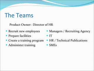 The Teams Recruit new employees Prepare facilities Create a training program Administer training Managers / Recruiting Agency IT HR / Technical Publications SMEs Product Owner:  Director of HR 
