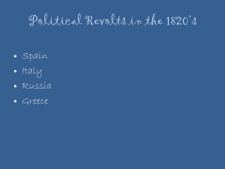 Political Revolts in the 1820’s Spain Italy Russia  Greece 