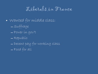 Liberals in France Wanted for middle class: Suffrage Power in gov’t Republic Decent pay for working class Food for all 