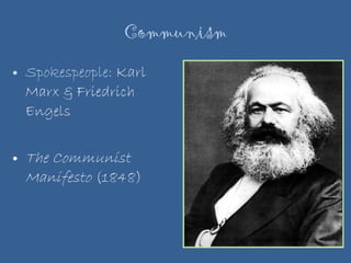 Communism Spokespeople:  Karl Marx & Friedrich Engels The Communist Manifesto  (1848) 