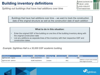 Click to Edit Master Title StyleBuilding inventory definitions
Splitting out buildings that have had additions over time
17
Buildings that have had additions over time – we want to track the construction
date of the original structure as well as the construction date of each addition
What to do in this situation:
• Enter the original GSF of the building on one line of the building inventory along with
the original construction date
• List any additions as separate lines of the inventory with their respective GSF and
construction dates.
Example: Sightlines Hall is a 30,000 GSF academic building
 