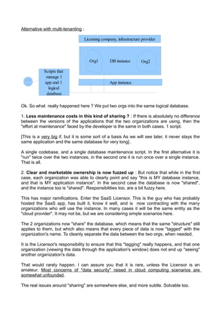 Alternative with multi-tenanting :

                                 Licensing company, infrastructure provider



                                     Org1       DB instance       Org2

            Scripts that
             manage 1
            app and 1                          App instance
              logical
             database

Ok. So what really happened here ? We put two orgs into the same logical database.

1. Less maintenance costs in this kind of sharing ? : If there is absolutely no difference
between the versions of the applications that the two organizations are using, then the
"effort at maintenance" faced by the developer is the same in both cases. 1 script.

[This is a very big if, but it is some sort of a basis As we will see later, it never stays the
same application and the same database for very long].

A single codebase, and a single database maintenance script. In the first alternative it is
"run" twice over the two instances, in the second one it is run once over a single instance.
That is all.

2. Clear and marketable ownership is now fuzzed up : But notice that while in the first
case, each organization was able to clearly point and say "this is MY database instance,
and that is MY application instance". In the second case the database is now "shared",
and the instance too is "shared". Responsibilities too, are a bit fuzzy here.

This has major ramifications. Enter the SaaS Licensor. This is the guy who has probably
hosted the SaaS app, has built it, know it well, and is now contracting with the many
organizations who will use the instance. In many cases it will be the same entity as the
"cloud provider". It may not be, but we are considering simple scenarios here.

The 2 organizations now "share" the database, which means that the same "structure" still
applies to them, but which also means that every piece of data is now "tagged" with the
organization's name. To cleanly separate the data between the two orgs, when needed.

It is the Licensor's responsibility to ensure that this "tagging" really happens, and that one
organization (viewing the data through the application's window) does not end up "seeing"
another organization's data.

That would rarely happen. I can assure you that it is rare, unless the Licensor is an
amateur. Most concerns of "data security" raised in cloud computing scenarios are
somewhat unfounded.

The real issues around "sharing" are somewhere else, and more subtle. Solvable too.
 
