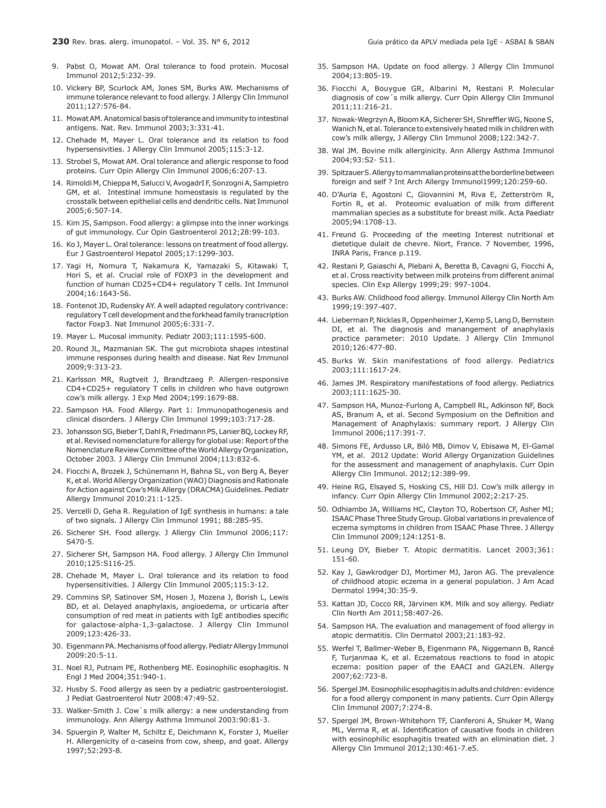 230 Rev. bras. alerg. imunopatol. – Vol. 35. N° 6, 2012
9.	 Pabst O, Mowat AM. Oral tolerance to food protein. Mucosal
Immunol 2012;5:232-39.
10.	Vickery BP, Scurlock AM, Jones SM, Burks AW. Mechanisms of
immune tolerance relevant to food allergy. J Allergy Clin Immunol
2011;127:576-84.
11.	Mowat AM. Anatomical basis of tolerance and immunity to intestinal
antigens. Nat. Rev. Immunol 2003;3:331-41.
12.	Chehade M, Mayer L. Oral tolerance and its relation to food
hypersensivities. J Allergy Clin Immunol 2005;115:3-12.
13.	Strobel S, Mowat AM. Oral tolerance and allergic response to food
proteins. Curr Opin Allergy Clin Immunol 2006;6:207-13.
14.	Rimoldi M, Chieppa M, Salucci V, AvogadrI F, Sonzogni A, Sampietro
GM, et al. Intestinal immune homeostasis is regulated by the
crosstalk between epithelial cells and dendritic cells. Nat Immunol
2005;6:507-14.
15.	Kim JS, Sampson. Food allergy: a glimpse into the inner workings
of gut immunology. Cur Opin Gastroenterol 2012;28:99-103.
16.	Ko J, Mayer L. Oral tolerance: lessons on treatment of food allergy.
Eur J Gastroenterol Hepatol 2005;17:1299-303.
17.	Yagi H, Nomura T, Nakamura K, Yamazaki S, Kitawaki T,
Hori S, et al. Crucial role of FOXP3 in the development and
function of human CD25+CD4+ regulatory T cells. Int Immunol
2004;16:1643‑56.
18.	Fontenot JD, Rudensky AY. A well adapted regulatory contrivance:
regulatory T cell development and the forkhead family transcription
factor Foxp3. Nat Immunol 2005;6:331-7.
19.	Mayer L. Mucosal immunity. Pediatr 2003;111:1595-600.
20.	Round JL, Mazmanian SK. The gut microbiota shapes intestinal
immune responses during health and disease. Nat Rev Immunol
2009;9:313-23.
21.	Karlsson MR, Rugtveit J, Brandtzaeg P. Allergen-responsive
CD4+CD25+ regulatory T cells in children who have outgrown
cow’s milk allergy. J Exp Med 2004;199:1679-88.
22.	Sampson HA. Food Allergy. Part 1: Immunopathogenesis and
clinical disorders. J Allergy Clin Immunol 1999;103:717-28.
23.	JohanssonSG,BieberT,DahlR,FriedmannPS,LanierBQ,LockeyRF,
et al. Revised nomenclature for allergy for global use: Report of the
NomenclatureReviewCommitteeoftheWorldAllergyOrganization,
October 2003. J Allergy Clin Immunol 2004;113:832-6.
24.	Fiocchi A, Brozek J, Schünemann H, Bahna SL, von Berg A, Beyer
K, et al. World Allergy Organization (WAO) Diagnosis and Rationale
for Action against Cow’s Milk Allergy (DRACMA) Guidelines. Pediatr
Allergy Immunol 2010:21:1-125.
25.	Vercelli D, Geha R. Regulation of IgE synthesis in humans: a tale
of two signals. J Allergy Clin Immunol 1991; 88:285-95.
26.	Sicherer SH. Food allergy. J Allergy Clin Immunol 2006;117:
S470-5.
27.	Sicherer SH, Sampson HA. Food allergy. J Allergy Clin Immunol
2010;125:S116-25.
28.	Chehade M, Mayer L. Oral tolerance and its relation to food
hypersensitivities. J Allergy Clin Immunol 2005;115:3-12.
29.	Commins SP, Satinover SM, Hosen J, Mozena J, Borish L, Lewis
BD, et al. Delayed anaphylaxis, angioedema, or urticaria after
consumption of red meat in patients with IgE antibodies specific
for galactose-alpha-1,3-galactose. J Allergy Clin Immunol
2009;123:426-33.
30.	EigenmannPA.Mechanismsoffoodallergy.PediatrAllergyImmunol
2009:20:5-11.
31.	Noel RJ, Putnam PE, Rothenberg ME. Eosinophilic esophagitis. N
Engl J Med 2004;351:940-1.
32.	Husby S. Food allergy as seen by a pediatric gastroenterologist.
J Pediat Gastroenterol Nutr 2008:47:49-52.
33.	Walker-Smith J. Cow`s milk allergy: a new understanding from
immunology. Ann Allergy Asthma Immunol 2003:90:81-3.
34.	Spuergin P, Walter M, Schiltz E, Deichmann K, Forster J, Mueller
H. Allergenicity of α-caseins from cow, sheep, and goat. Allergy
1997;52:293-8.
35.	Sampson HA. Update on food allergy. J Allergy Clin Immunol
2004;13:805-19.
36.	Fiocchi A, Bouygue GR, Albarini M, Restani P. Molecular
diagnosis of cow´s milk allergy. Curr Opin Allergy Clin Immunol
2011;11:216‑21.
37.	Nowak-Wegrzyn A, Bloom KA, Sicherer SH, Shreffler WG, Noone S,
Wanich N, et al. Tolerance to extensively heated milk in children with
cow’s milk allergy, J Allergy Clin Immunol 2008;122:342-7.
38.	Wal JM. Bovine milk allerginicity. Ann Allergy Asthma Immunol
2004;93:S2- S11.
39.	SpitzauerS.Allergytomammalianproteinsattheborderlinebetween
foreign and self ? Int Arch Allergy Immunol1999;120:259‑60.
40.	D’Auria E, Agostoni C, Giovannini M, Riva E, Zetterström R,
Fortin R, et al. Proteomic evaluation of milk from different
mammalian species as a substitute for breast milk. Acta Paediatr
2005;94:1708‑13.
41.	Freund G. Proceeding of the meeting Interest nutritional et
dietetique dulait de chevre. Niort, France. 7 November, 1996,
INRA Paris, France p.119.
42.	Restani P, Gaiaschi A, Plebani A, Beretta B, Cavagni G, Fiocchi A,
et al. Cross reactivity between milk proteins from different animal
species. Clin Exp Allergy 1999;29: 997-1004.
43.	Burks AW. Childhood food allergy. Immunol Allergy Clin North Am
1999;19:397-407.
44.	Lieberman P, Nicklas R, Oppenheimer J, Kemp S, Lang D, Bernstein
DI, et al. The diagnosis and manangement of anaphylaxis
practice parameter: 2010 Update. J Allergy Clin Immunol
2010;126:477‑80.
45.	Burks W. Skin manifestations of food allergy. Pediatrics
2003;111:1617-24.
46.	James JM. Respiratory manifestations of food allergy. Pediatrics
2003;111:1625-30.
47.	Sampson HA, Munoz-Furlong A, Campbell RL, Adkinson NF, Bock
AS, Branum A, et al. Second Symposium on the Definition and
Management of Anaphylaxis: summary report. J Allergy Clin
Immunol 2006;117:391-7.
48.	Simons FE, Ardusso LR, Bilò MB, Dimov V, Ebisawa M, El-Gamal
YM, et al. 2012 Update: World Allergy Organization Guidelines
for the assessment and management of anaphylaxis. Curr Opin
Allergy Clin Immunol. 2012;12:389-99.
49.	Heine RG, Elsayed S, Hosking CS, Hill DJ. Cow’s milk allergy in
infancy. Curr Opin Allergy Clin Immunol 2002;2:217-25.
50.	Odhiambo JA, Williams HC, Clayton TO, Robertson CF, Asher MI;
ISAAC Phase Three Study Group. Global variations in prevalence of
eczema symptoms in children from ISAAC Phase Three. J Allergy
Clin Immunol 2009;124:1251-8.
51.	Leung DY, Bieber T. Atopic dermatitis. Lancet 2003;361:
151‑60.
52.	Kay J, Gawkrodger DJ, Mortimer MJ, Jaron AG. The prevalence
of childhood atopic eczema in a general population. J Am Acad
Dermatol 1994;30:35-9.
53.	Kattan JD, Cocco RR, Järvinen KM. Milk and soy allergy. Pediatr
Clin North Am 2011;58:407-26.
54.	Sampson HA. The evaluation and management of food allergy in
atopic dermatitis. Clin Dermatol 2003;21:183-92.
55.	Werfel T, Ballmer-Weber B, Eigenmann PA, Niggemann B, Rancé
F, Turjanmaa K, et al. Eczematous reactions to food in atopic
eczema: position paper of the EAACI and GA2LEN. Allergy
2007;62:723-8.
56.	SpergelJM.Eosinophilicesophagitisinadultsandchildren:evidence
for a food allergy component in many patients. Curr Opin Allergy
Clin Immunol 2007;7:274-8.
57.	Spergel JM, Brown-Whitehorn TF, Cianferoni A, Shuker M, Wang
ML, Verma R, et al. Identification of causative foods in children
with eosinophilic esophagitis treated with an elimination diet. J
Allergy Clin Immunol 2012;130:461-7.e5.
Guia prático da APLV mediada pela IgE - ASBAI & SBAN
 