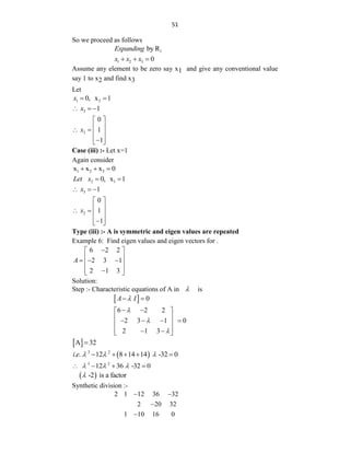 51
So we proceed as follows
1
by R
Expanding
1 2 3 0
x x x
  
Assume any element to be zero say x1 and give any conventional value
say 1 to x2 and find x3
Let
1 2
0, x 1
x  
3 1
x
  
2
0
1
1
x
 
 
   
 

 
Case (iii) :- Let x=1
Again consider
1 2 3
x x x 0
  
2 1
0, x 1
Let x  
3 1
x
  
2
0
1
1
x
 
 
   
 

 
Type (iii) :- A is symmetric and eigen values are repeated
Example 6: Find eigen values and eigen vectors for .
6 2 2
2 3 1
2 1 3
A

 
 
  
 
 

 
Solution:
Step :- Characteristic equations of A in  is
  0
A I

 
6 2 2
2 3 1 0
2 1 3



 
 
 
   
 
 
 
 
 
A 32

 
3 2
. . 12 8 14 14 -32 0
i e   
    
3 2
12 36 -32 0
  
   
 
-2 is a factor

Synthetic division :-
2 1 12 36 32
2 20 32
1 10 16 0
 


 
