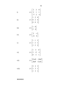 55
i)
2 2 0
2 1 1
7 2 3
A
 
 
  
 
 
 
ii)
1 2 4
0 2 4
0 0 3
A
 
 
  
 
 
iii)
1 0
2 4
A
 
  
 
iv)
2 1
8 4
A

 
  

 
v)
1 1 1
1 2 1
3 2 3
A
 
 
  
 
 
vi)
1 3 0
3 2 1
0 1 1
A
 
 
  
 
 

 
vii)
0
0
Cos Sin
A
Sin Cos



 
  
 
viii)
2 2 1
1 3 1
1 2 1
A
 
 
  
 
 
*****
 