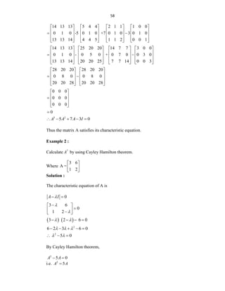 58
14 13 13 5 4 4 2 1 1 1 0 0
0 1 0 -5 0 1 0 +7 0 1 0 3 0 1 0
13 13 14 4 4 5 1 1 2 0 0 1
       
       
 
       
       
       
14 13 13 25 20 20 14 7 7 3 0 0
0 1 0 - 0 5 0 + 0 7 0 0 3 0
13 13 14 20 20 25 7 7 14 0 0 3
       
       
 
       
       
       
28 20 20 28 20 20
0 8 0 0 8 0
20 20 28 20 20 28
   
   
 
   
   
   
0 0 0
0 0 0
0 0 0
 
 
  
 
 
0

3 2
5 7 3 0
A A A I
    
Thus the matrix A satisfies its characteristic equation.
Example 2 :
Calculate 7
A by using Cayley Hamilton theorem.
Where
3 6
A =
1 2
 
 
 
Solution :
The characteristic equation of A is
0
A I

 
3 6
0
1 2



 

 

 
   
3 2 6 0
 
   
2
6 2 3 6 0
    
  
2
5 0
  
 
By Cayley Hamilton theorem,
2
5 0
A A
 
i.e. 2
5
A A

 