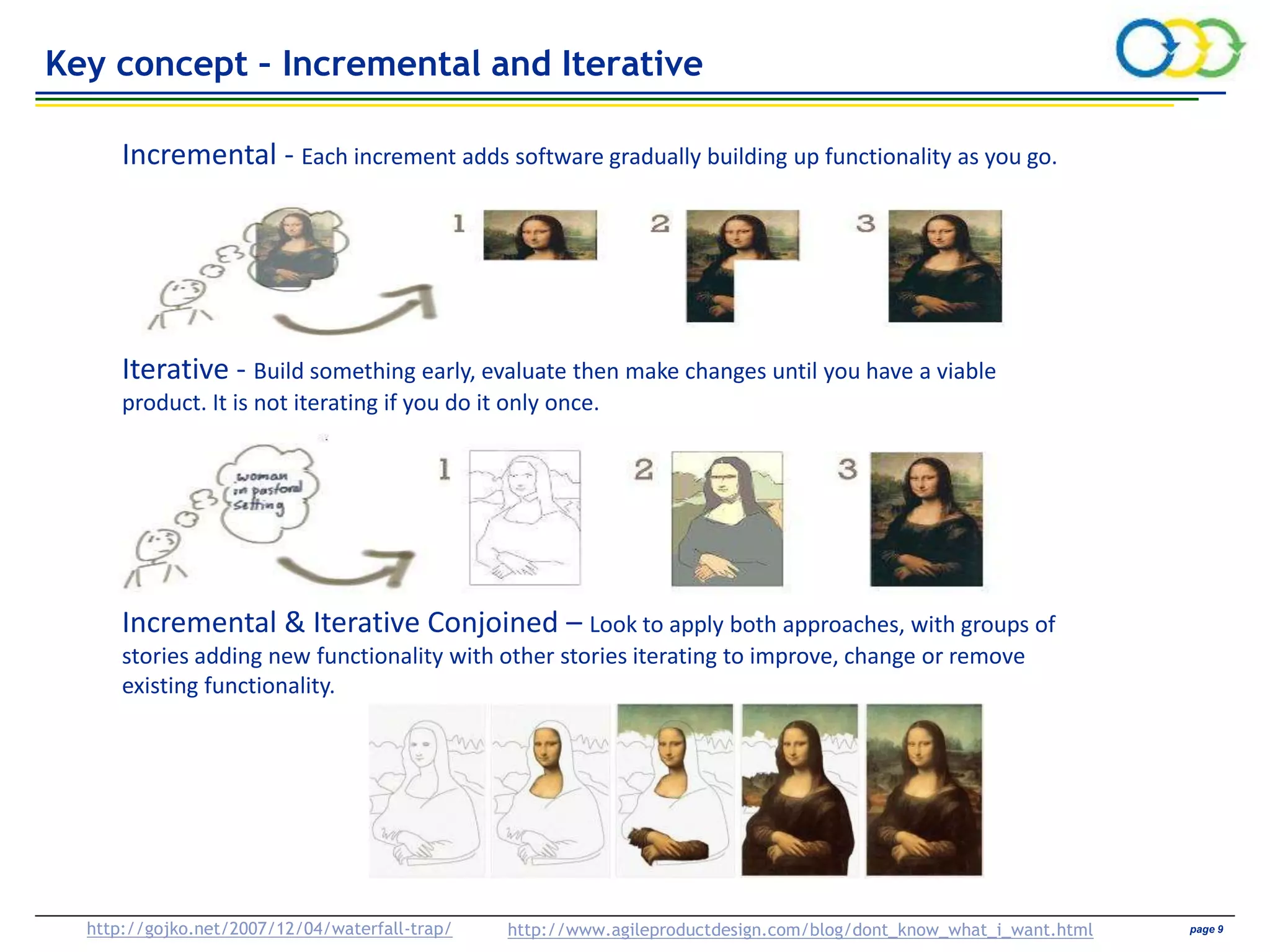 AVIVA CONFIDENTIAL page 9http://gojko.net/2007/12/04/waterfall-trap/
Incremental - Each increment adds software gradually building up functionality as you go.
Iterative - Build something early, evaluate then make changes until you have a viable
product. It is not iterating if you do it only once.
Incremental & Iterative Conjoined – Look to apply both approaches, with groups of
stories adding new functionality with other stories iterating to improve, change or remove
existing functionality.
http://www.agileproductdesign.com/blog/dont_know_what_i_want.html
Key concept – Incremental and Iterative
 