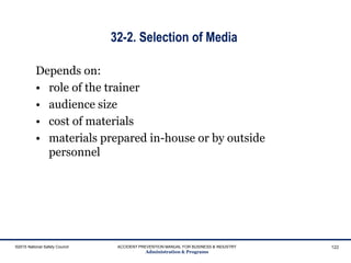 32-2. Selection of Media
Depends on:
• role of the trainer
• audience size
• cost of materials
• materials prepared in-house or by outside
personnel
©2015 National Safety Council ACCIDENT PREVENTION MANUAL FOR BUSINESS & INDUSTRY
Administration & Programs
122
 