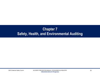 Chapter 7
Safety, Health, and Environmental Auditing
©2015 National Safety Council ACCIDENT PREVENTION MANUAL FOR BUSINESS & INDUSTRY
Administration & Programs
25
 