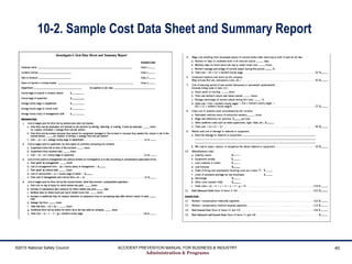 10-2. Sample Cost Data Sheet and Summary Report
©2015 National Safety Council ACCIDENT PREVENTION MANUAL FOR BUSINESS & INDUSTRY
Administration & Programs
40
 