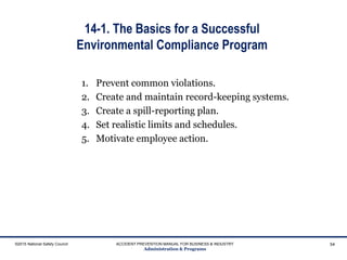 14-1. The Basics for a Successful
Environmental Compliance Program
1. Prevent common violations.
2. Create and maintain record-keeping systems.
3. Create a spill-reporting plan.
4. Set realistic limits and schedules.
5. Motivate employee action.
©2015 National Safety Council ACCIDENT PREVENTION MANUAL FOR BUSINESS & INDUSTRY
Administration & Programs
54
 