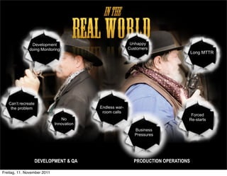 Development                                Unhappy
              doing Monitoring                           Customers
                                                                                   Long MTTR




   Can’t recreate
    the problem                           Endless war-
                                           room calls
                                                                                Forced
                                No                                             Re-starts
                             Innovation
                                                            Business
                                                            Pressures




                 DEVELOPMENT & QA                          PRODUCTION OPERATIONS

Freitag, 11. November 2011
 