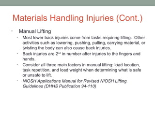 Materials Handling Injuries (Cont.)
• Manual Lifting
• Most lower back injuries come from tasks requiring lifting. Other
activities such as lowering, pushing, pulling, carrying material, or
twisting the body can also cause back injuries.
• Back injuries are 2nd
in number after injuries to the fingers and
hands.
• Consider all three main factors in manual lifting: load location,
task repetition, and load weight when determining what is safe
or unsafe to lift.
• NIOSH Applications Manual for Revised NIOSH Lifting
Guidelines (DHHS Publication 94-110)
 
