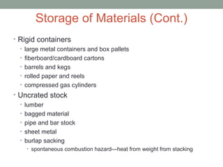 Storage of Materials (Cont.)
• Rigid containers
• large metal containers and box pallets
• fiberboard/cardboard cartons
• barrels and kegs
• rolled paper and reels
• compressed gas cylinders
• Uncrated stock
• lumber
• bagged material
• pipe and bar stock
• sheet metal
• burlap sacking
• spontaneous combustion hazard—heat from weight from stacking
 