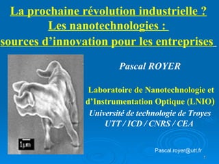 La prochaine révolution industrielle ? Les nanotechnologies :  sources d’innovation pour les entreprises       Pascal ROYER     Laboratoire de Nanotechnologie et   d’Instrumentation Optique (LNIO )     Université de technologie de Troyes   UTT / ICD / CNRS / CEA [email_address] 