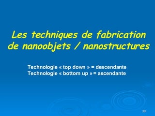 Les techniques de fabrication de nanoobjets / nanostructures Technologie « top down » = descendante Technologie « bottom up » = ascendante 