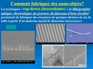 Les techniques «  top-down (descendante)  » de  lithographie optique, électronique ,  de   gravure, de faisceau d’ions focalisé  permettent de fabriquer des structures de quelques dizaines de nm de taille à partir d’un matériau massif de dimension micro/macro Comment fabriquer des nano-objets? 