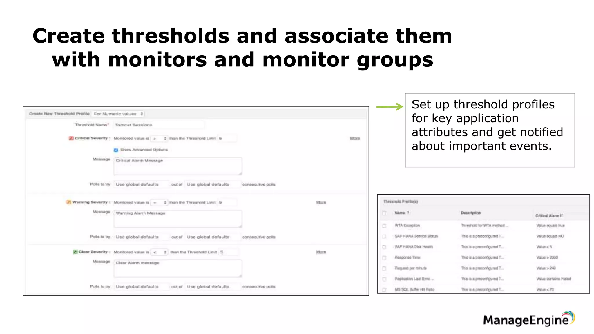 Create thresholds and associate them
with monitors and monitor groups
Set up threshold profiles
for key application
attributes and get notified
about important events.
 