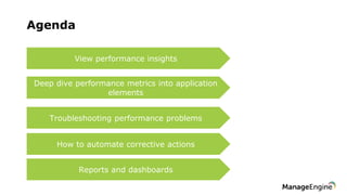 Agenda
View performance insights
Deep dive performance metrics into application
elements
Troubleshooting performance problems
Reports and dashboards
How to automate corrective actions
 