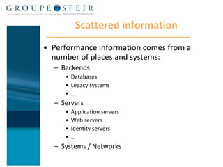 Scattered information Performance information comes from a number of places and systems: Backends  Databases Legacy systems … Servers  Application servers Web servers Identity servers … Systems / Networks 