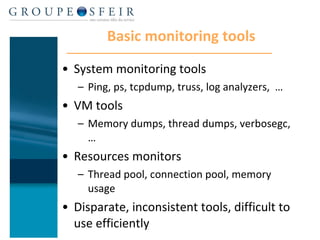 Basic monitoring tools System monitoring tools Ping, ps, tcpdump, truss, log analyzers,  … VM tools Memory dumps, thread dumps, verbosegc, … Resources monitors Thread pool, connection pool, memory usage Disparate, inconsistent tools, difficult to use efficiently 
