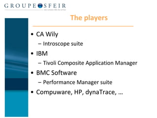 The players CA Wily Introscope suite IBM Tivoli Composite Application Manager BMC Software Performance Manager suite Compuware, HP, dynaTrace, … 