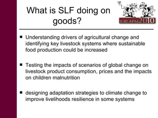 What is SLF doing on goods?  <ul><li>Understanding drivers of agricultural change and identifying key livestock systems wh...